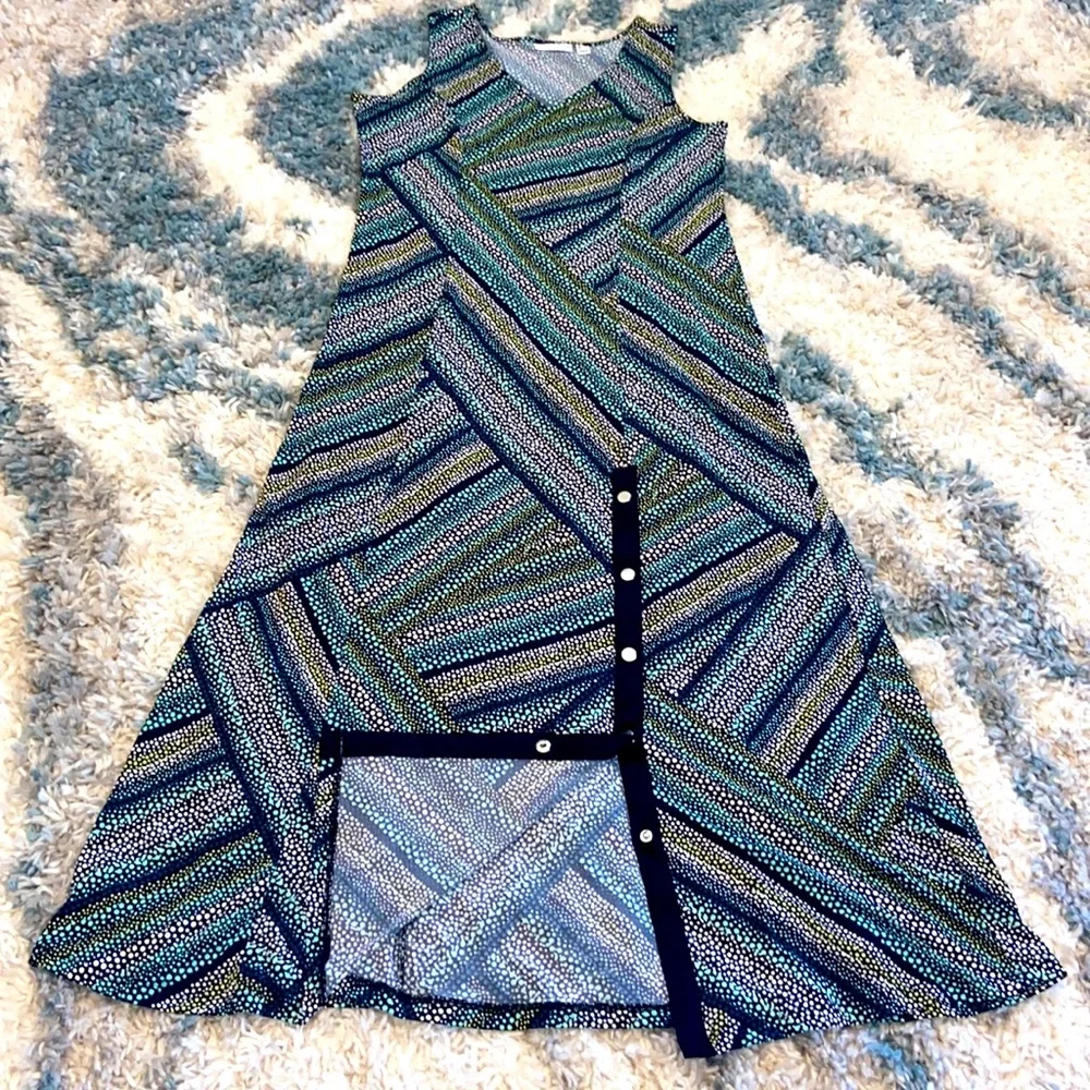 Susan Graver Printed Liquid Knit Maxi Dress ~ Black/Teal - Picture 5 of 8